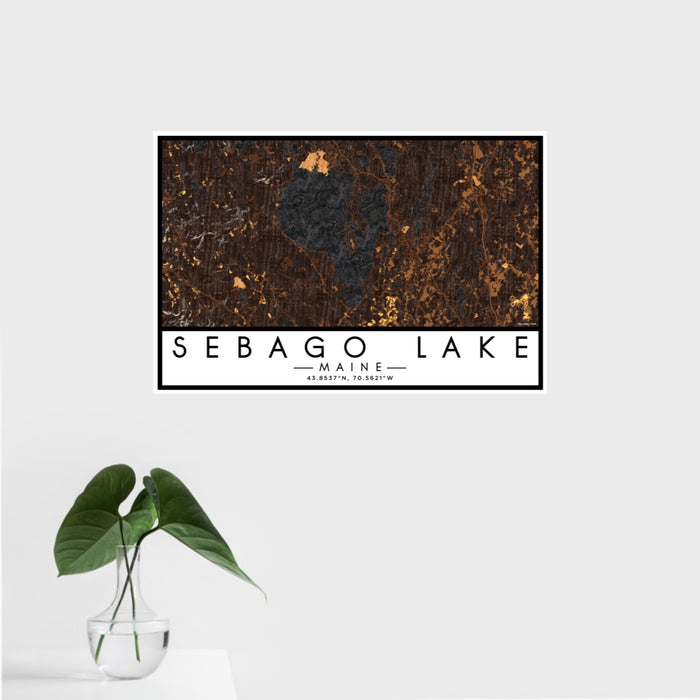 16x24 Sebago Lake Maine Map Print Landscape Orientation in Ember Style With Tropical Plant Leaves in Water