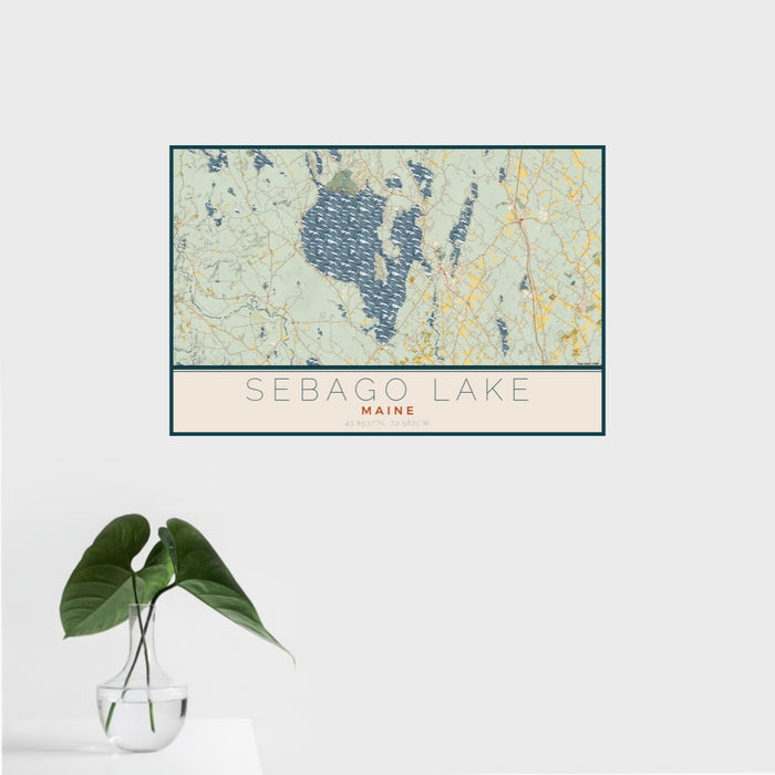 16x24 Sebago Lake Maine Map Print Landscape Orientation in Woodblock Style With Tropical Plant Leaves in Water