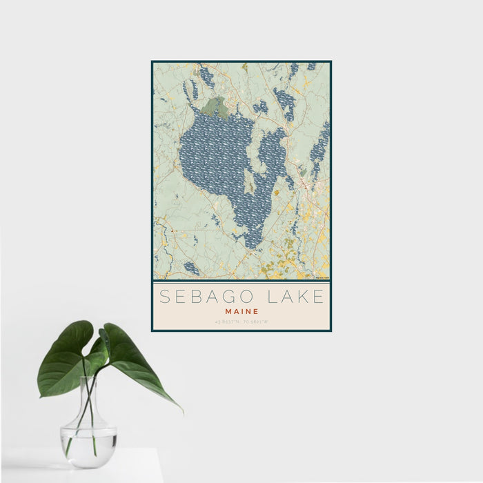 16x24 Sebago Lake Maine Map Print Portrait Orientation in Woodblock Style With Tropical Plant Leaves in Water