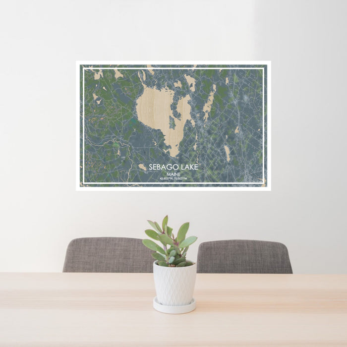 24x36 Sebago Lake Maine Map Print Lanscape Orientation in Afternoon Style Behind 2 Chairs Table and Potted Plant