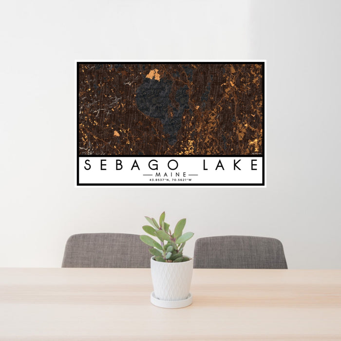 24x36 Sebago Lake Maine Map Print Lanscape Orientation in Ember Style Behind 2 Chairs Table and Potted Plant
