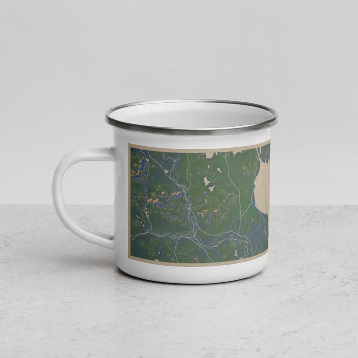 Left View Custom Sebago Lake Maine Map Enamel Mug in Afternoon