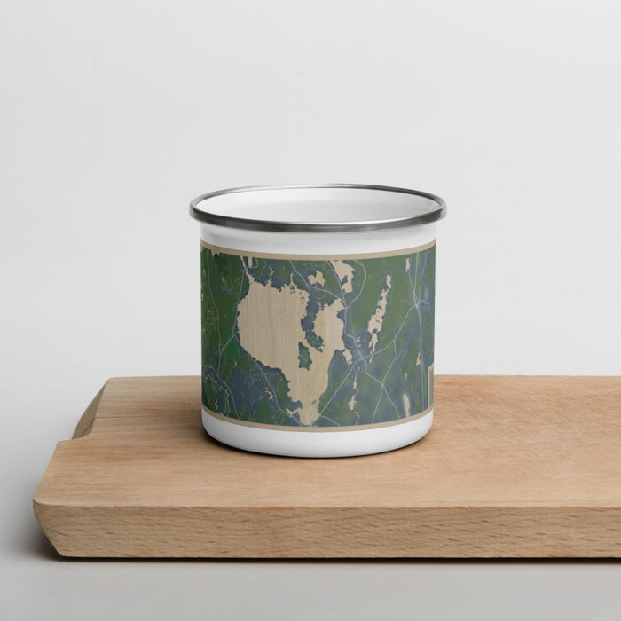 Front View Custom Sebago Lake Maine Map Enamel Mug in Afternoon on Cutting Board