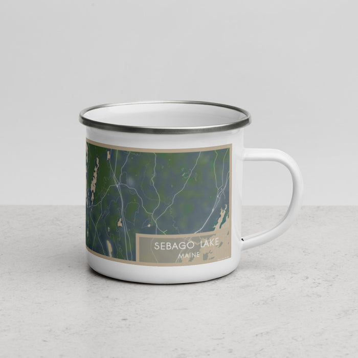 Right View Custom Sebago Lake Maine Map Enamel Mug in Afternoon