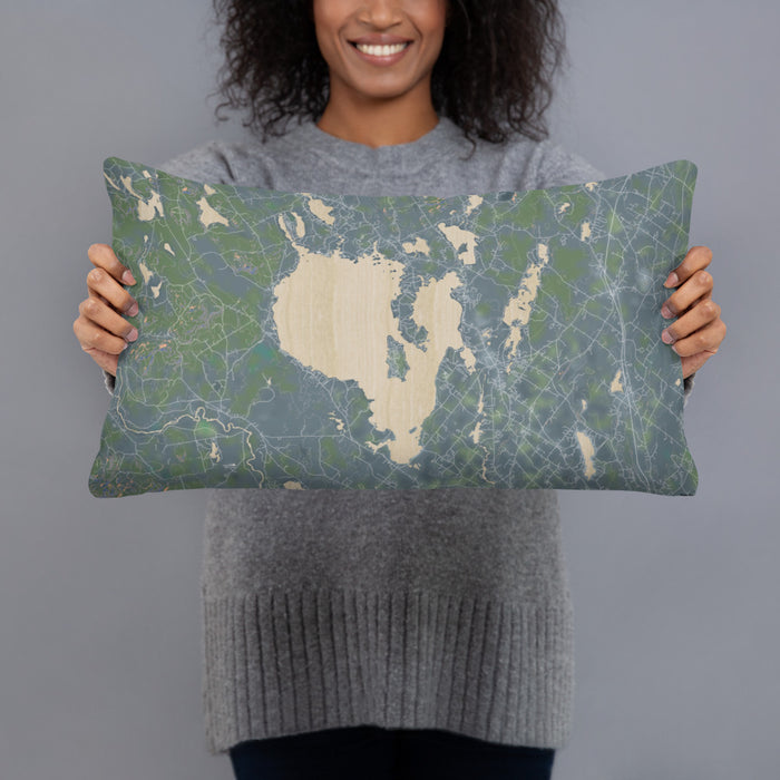 Person holding 20x12 Custom Sebago Lake Maine Map Throw Pillow in Afternoon