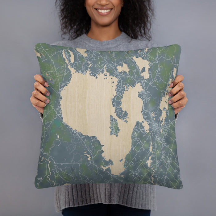 Person holding 18x18 Custom Sebago Lake Maine Map Throw Pillow in Afternoon