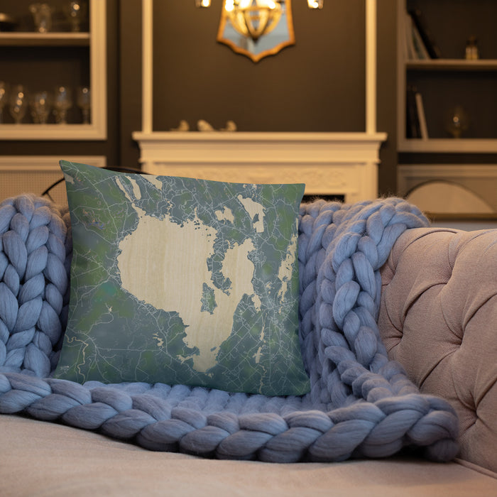 Custom Sebago Lake Maine Map Throw Pillow in Afternoon on Cream Colored Couch