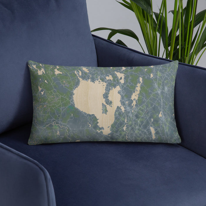 Custom Sebago Lake Maine Map Throw Pillow in Afternoon on Blue Colored Chair