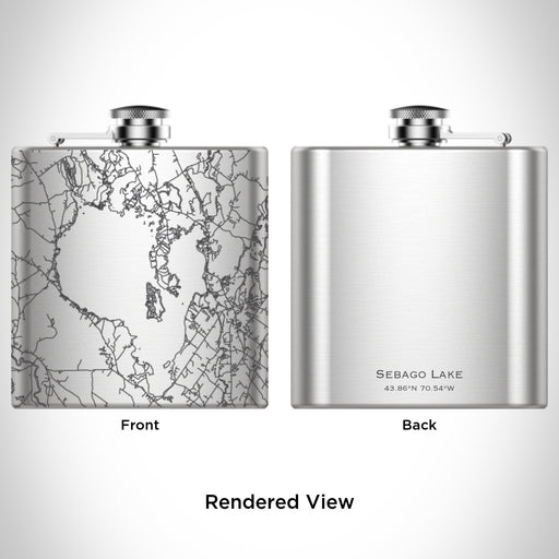 Rendered View of Sebago Lake Maine Map Engraving on 6oz Stainless Steel Flask