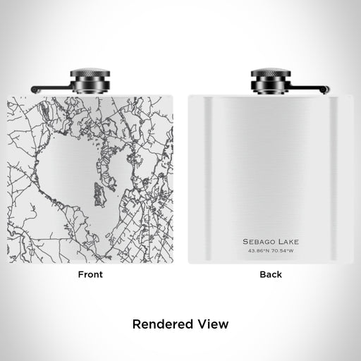 Rendered View of Sebago Lake Maine Map Engraving on 6oz Stainless Steel Flask in White