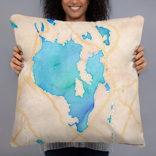 Person holding 22x22 Custom Sebago Lake Maine Map Throw Pillow in Watercolor