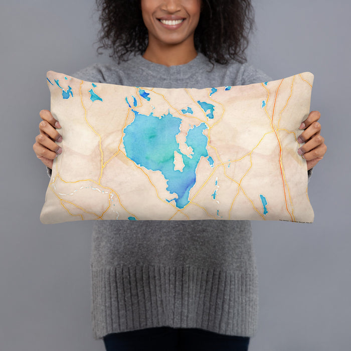 Person holding 20x12 Custom Sebago Lake Maine Map Throw Pillow in Watercolor