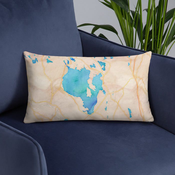 Custom Sebago Lake Maine Map Throw Pillow in Watercolor on Blue Colored Chair