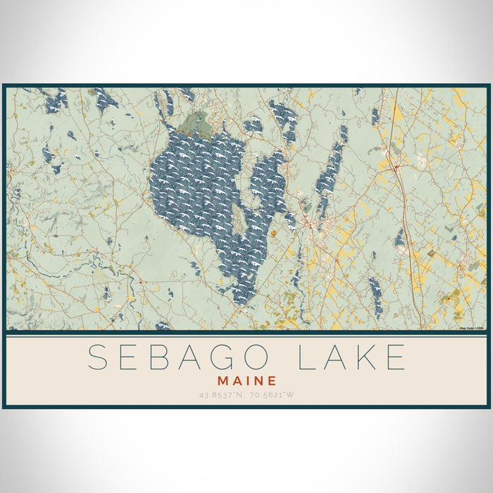 Sebago Lake Maine Map Print Landscape Orientation in Woodblock Style With Shaded Background