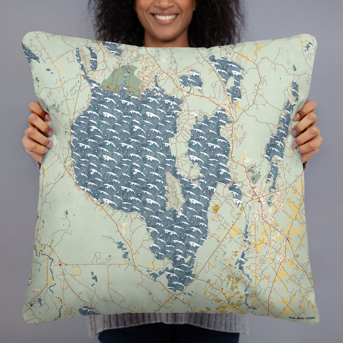 Person holding 22x22 Custom Sebago Lake Maine Map Throw Pillow in Woodblock