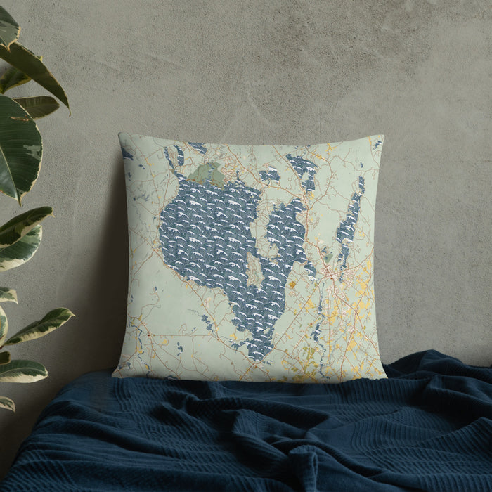 Custom Sebago Lake Maine Map Throw Pillow in Woodblock on Bedding Against Wall