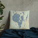 Custom Sebago Lake Maine Map Throw Pillow in Woodblock on Bedding Against Wall