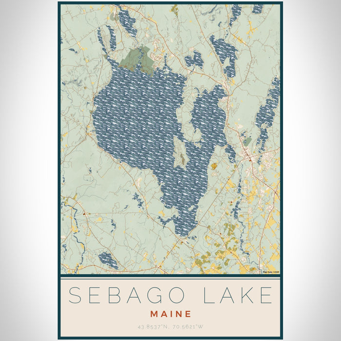 Sebago Lake Maine Map Print Portrait Orientation in Woodblock Style With Shaded Background