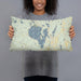 Person holding 20x12 Custom Sebago Lake Maine Map Throw Pillow in Woodblock