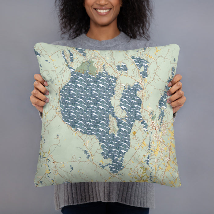 Person holding 18x18 Custom Sebago Lake Maine Map Throw Pillow in Woodblock