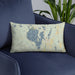 Custom Sebago Lake Maine Map Throw Pillow in Woodblock on Blue Colored Chair