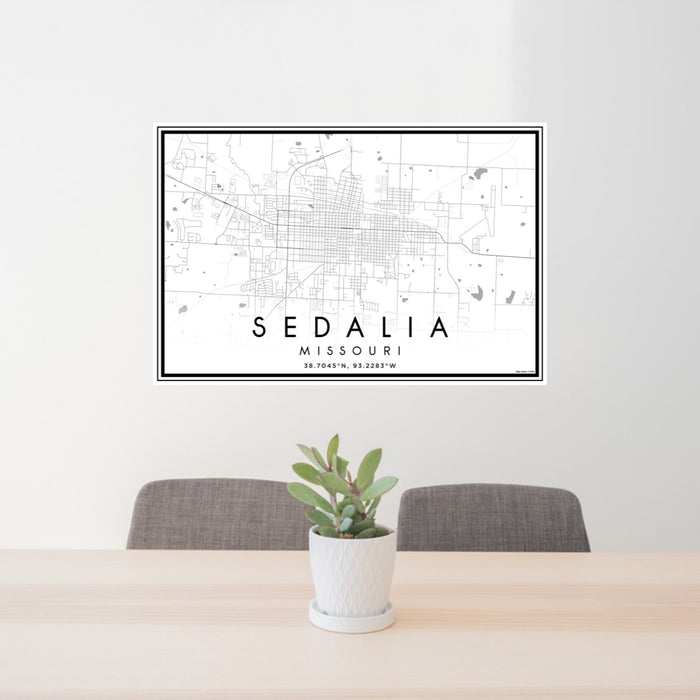 24x36 Sedalia Missouri Map Print Landscape Orientation in Classic Style Behind 2 Chairs Table and Potted Plant