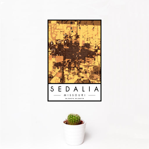 12x18 Sedalia Missouri Map Print Portrait Orientation in Ember Style With Small Cactus Plant in White Planter