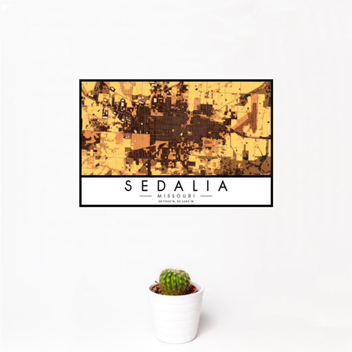 12x18 Sedalia Missouri Map Print Landscape Orientation in Ember Style With Small Cactus Plant in White Planter