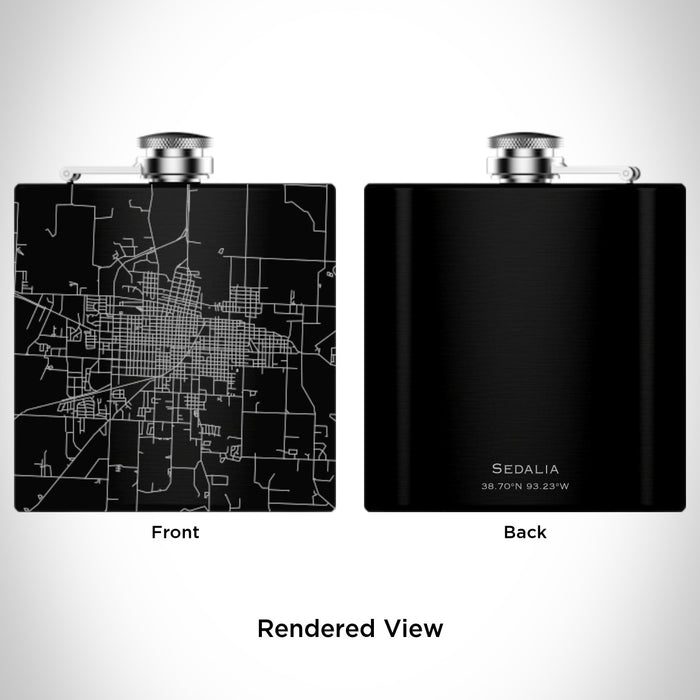 Rendered View of Sedalia Missouri Map Engraving on 6oz Stainless Steel Flask in Black