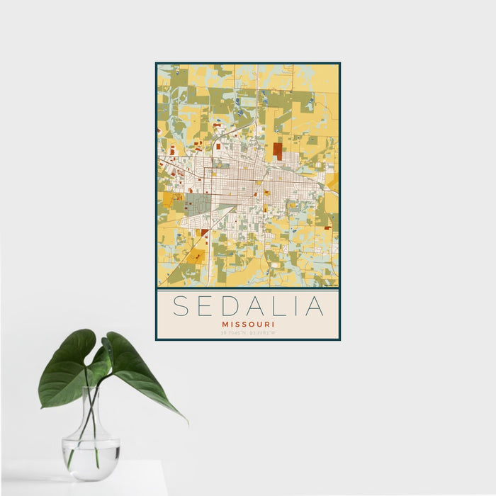 16x24 Sedalia Missouri Map Print Portrait Orientation in Woodblock Style With Tropical Plant Leaves in Water