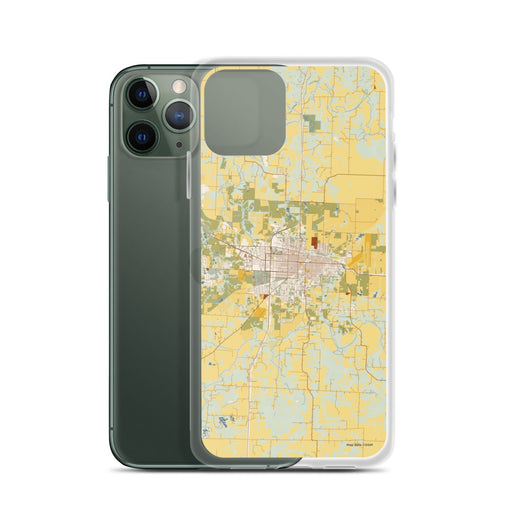 Custom Sedalia Missouri Map Phone Case in Woodblock on Table with Laptop and Plant
