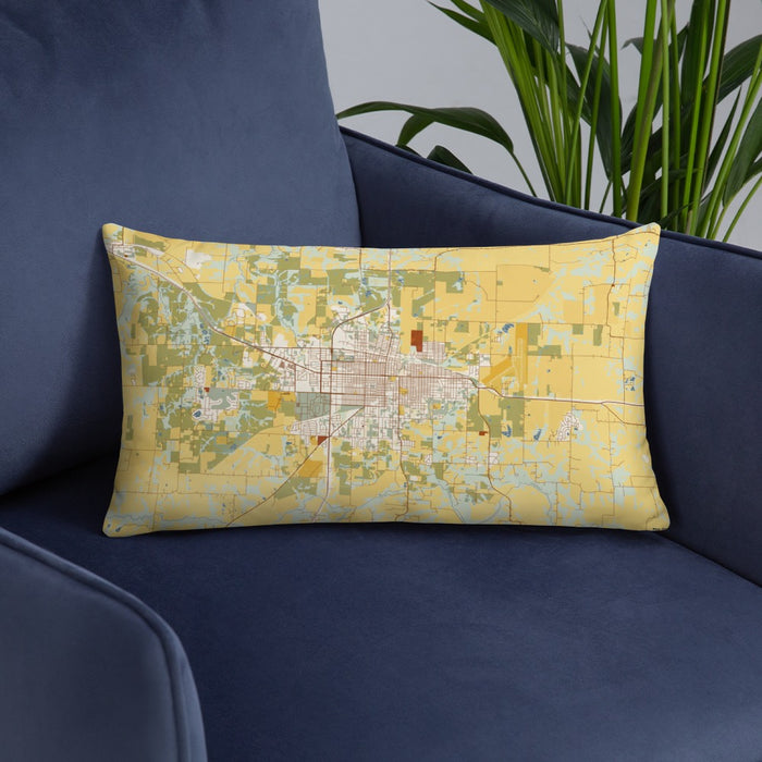 Custom Sedalia Missouri Map Throw Pillow in Woodblock on Blue Colored Chair