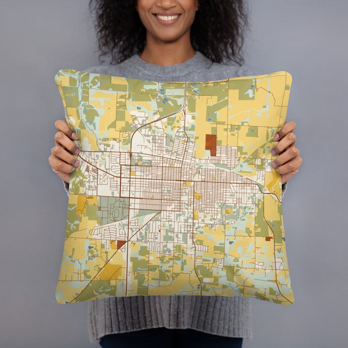 Person holding 18x18 Custom Sedalia Missouri Map Throw Pillow in Woodblock