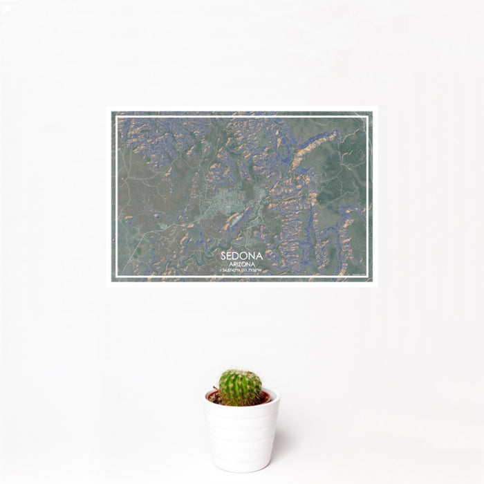 12x18 Sedona Arizona Map Print Landscape Orientation in Afternoon Style With Small Cactus Plant in White Planter