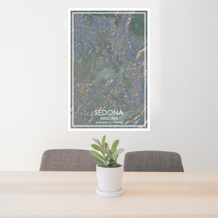 24x36 Sedona Arizona Map Print Portrait Orientation in Afternoon Style Behind 2 Chairs Table and Potted Plant