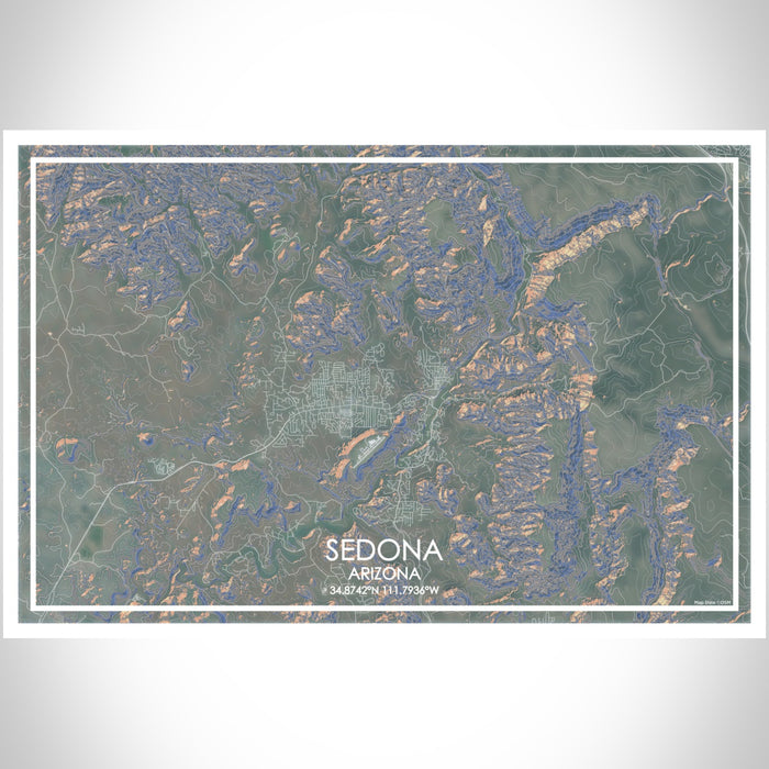Sedona Arizona Map Print Landscape Orientation in Afternoon Style With Shaded Background