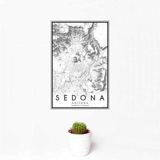 12x18 Sedona Arizona Map Print Portrait Orientation in Classic Style With Small Cactus Plant in White Planter