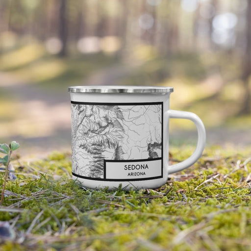 Right View Custom Sedona Arizona Map Enamel Mug in Classic on Grass With Trees in Background