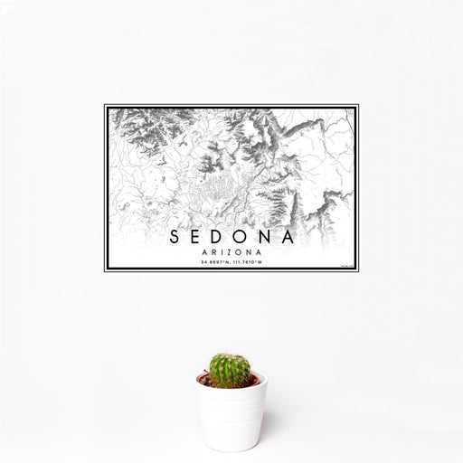 12x18 Sedona Arizona Map Print Landscape Orientation in Classic Style With Small Cactus Plant in White Planter