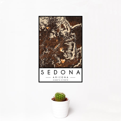 12x18 Sedona Arizona Map Print Portrait Orientation in Ember Style With Small Cactus Plant in White Planter