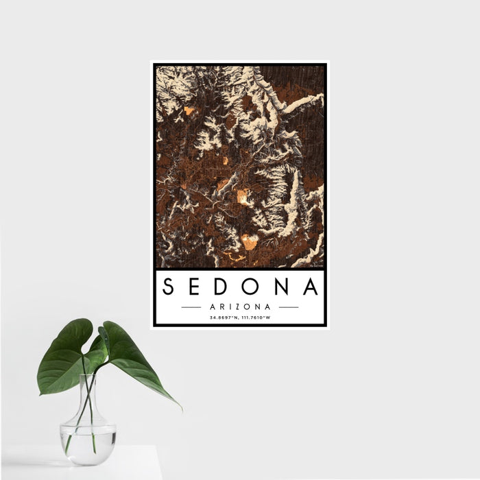 16x24 Sedona Arizona Map Print Portrait Orientation in Ember Style With Tropical Plant Leaves in Water