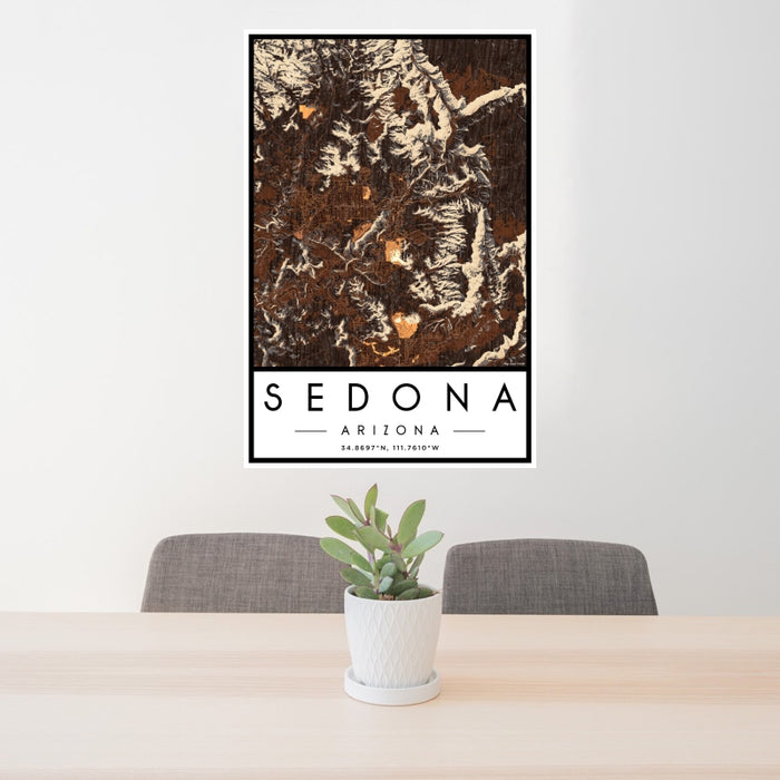 24x36 Sedona Arizona Map Print Portrait Orientation in Ember Style Behind 2 Chairs Table and Potted Plant