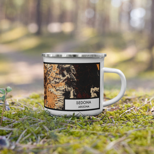 Right View Custom Sedona Arizona Map Enamel Mug in Ember on Grass With Trees in Background