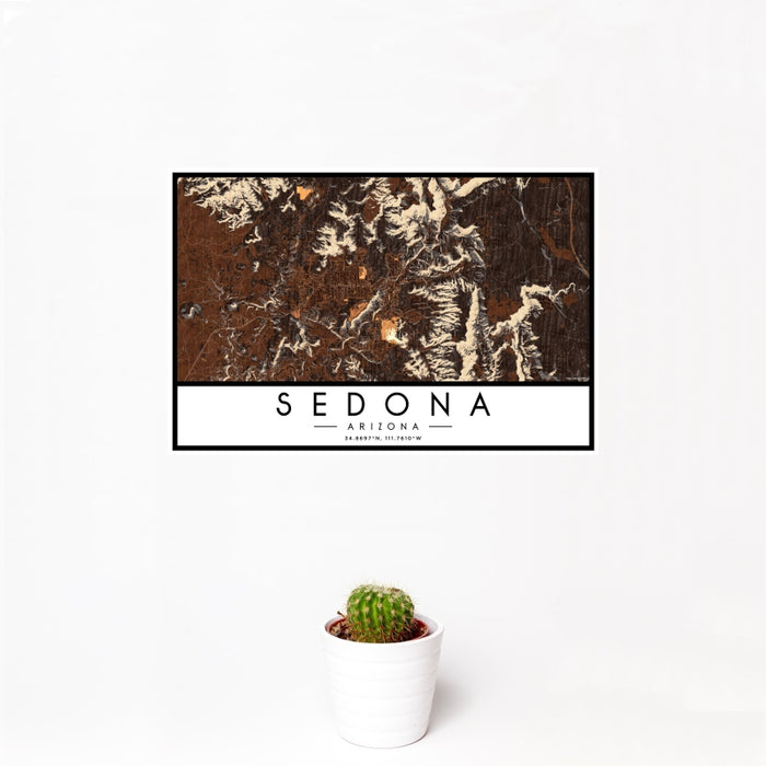 12x18 Sedona Arizona Map Print Landscape Orientation in Ember Style With Small Cactus Plant in White Planter
