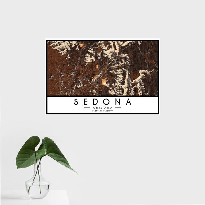 16x24 Sedona Arizona Map Print Landscape Orientation in Ember Style With Tropical Plant Leaves in Water