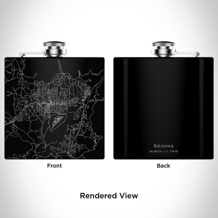 Rendered View of Sedona Arizona Map Engraving on 6oz Stainless Steel Flask in Black