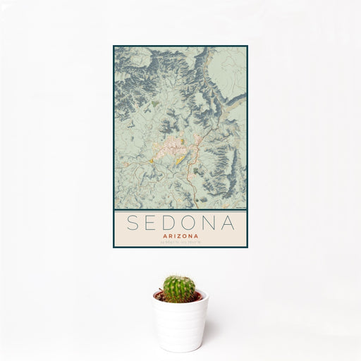 12x18 Sedona Arizona Map Print Portrait Orientation in Woodblock Style With Small Cactus Plant in White Planter