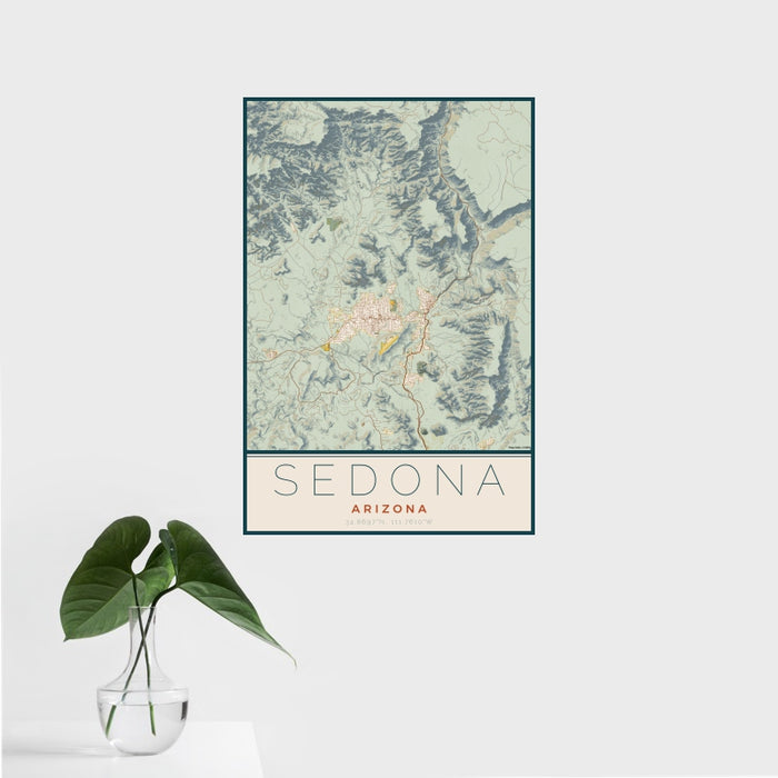 16x24 Sedona Arizona Map Print Portrait Orientation in Woodblock Style With Tropical Plant Leaves in Water