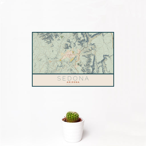 12x18 Sedona Arizona Map Print Landscape Orientation in Woodblock Style With Small Cactus Plant in White Planter