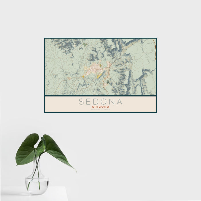 16x24 Sedona Arizona Map Print Landscape Orientation in Woodblock Style With Tropical Plant Leaves in Water